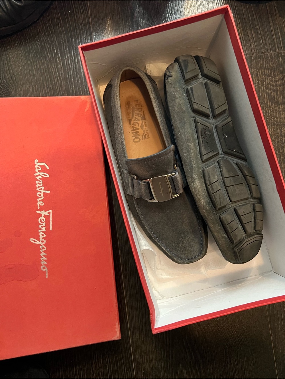 Salvatore Ferragamo Men's Black Suede Buckle Loafers